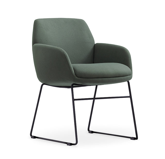 Calypso Sled chair, black base with olive green seat, front angle