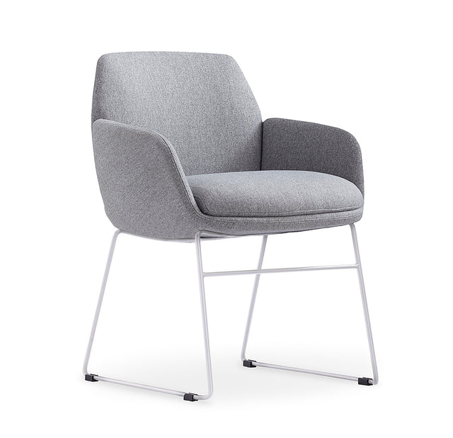 Calypso Sled chair, white base with grey seat, front angle