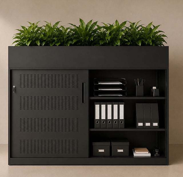 Sliding Door Credenza Cabinet black with planter
