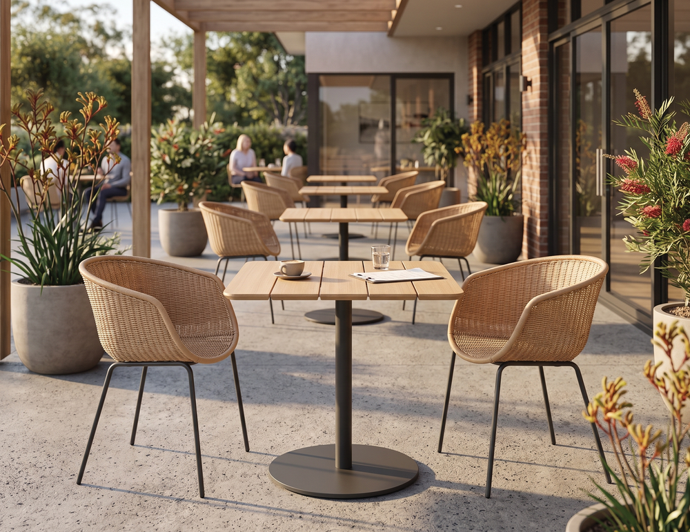 Lifestyle: Roku Cafe Teak Table in outdoor cafe