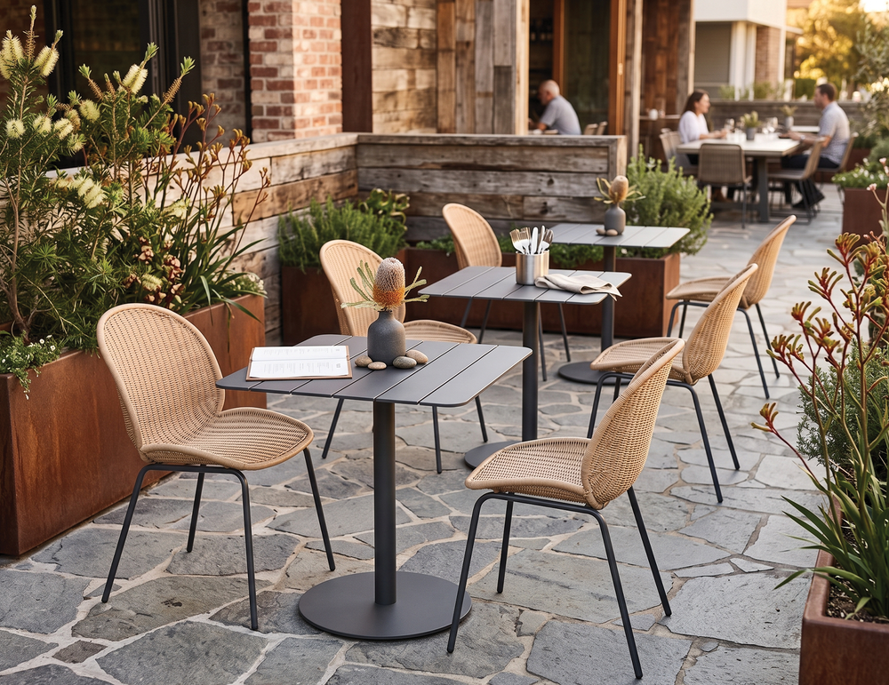 Lifestyle: Roku Cafe Table with rattan chairs